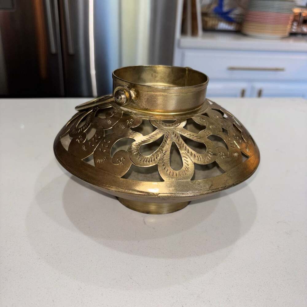 Vintage Hand-Etched Brass Tea Light Holder with Reticulated Floral Design